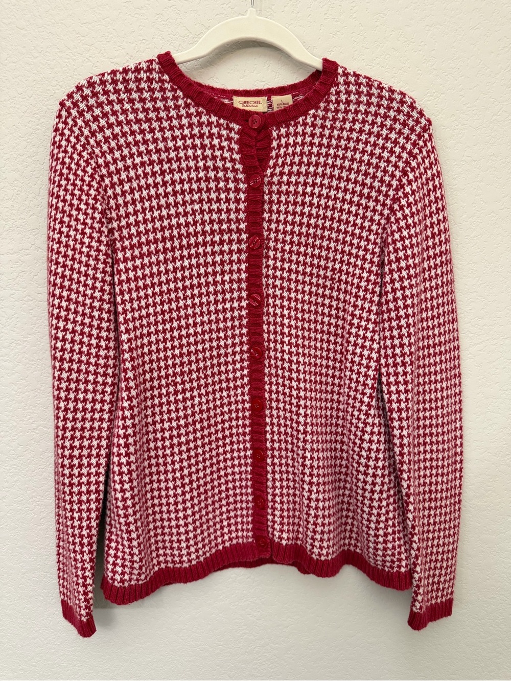 Vintage Red Houndstooth Preppy Academia Americana Cotton Blend Cardigan